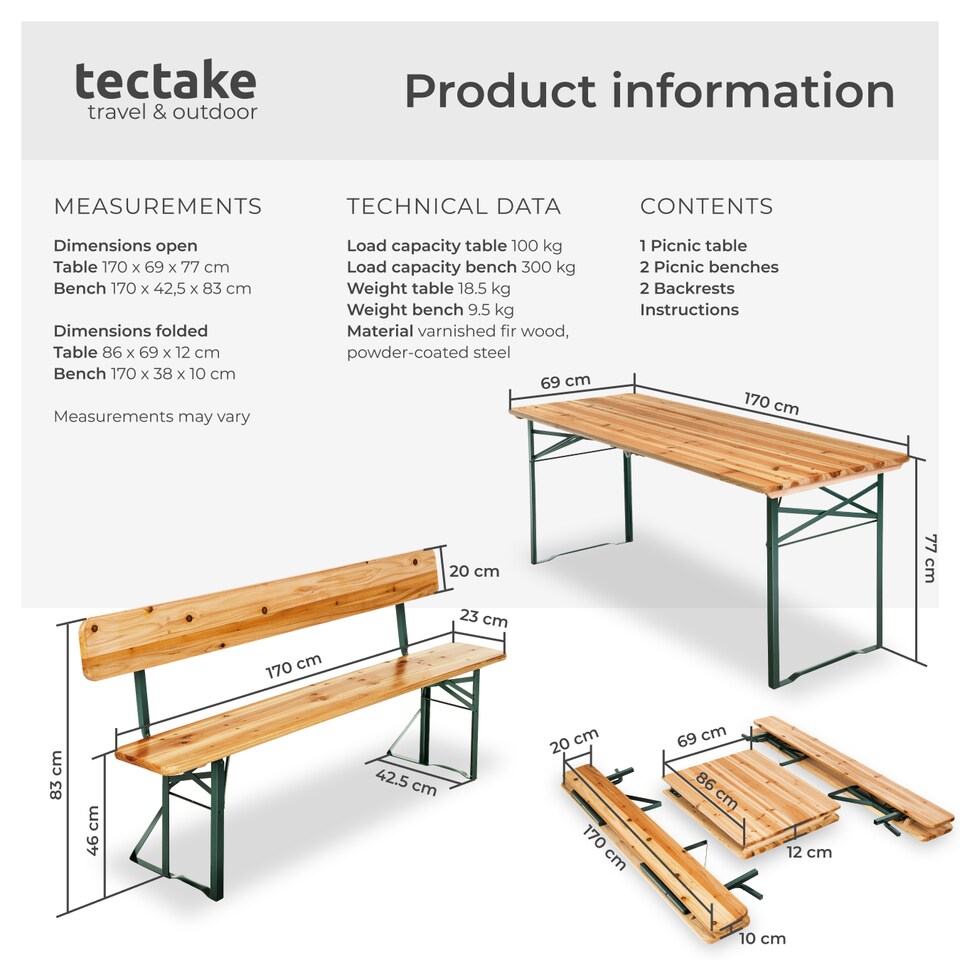 image 1 of Picnic Table and Benches Franz II - 1 table and 2 benches, foldable, with backrests