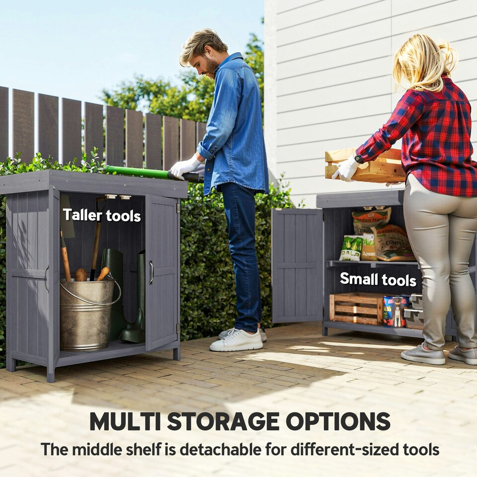 image 1 of Outsunny Wooden Garden Shed Double Door Tool Storage House, 74x43x88cm, Grey