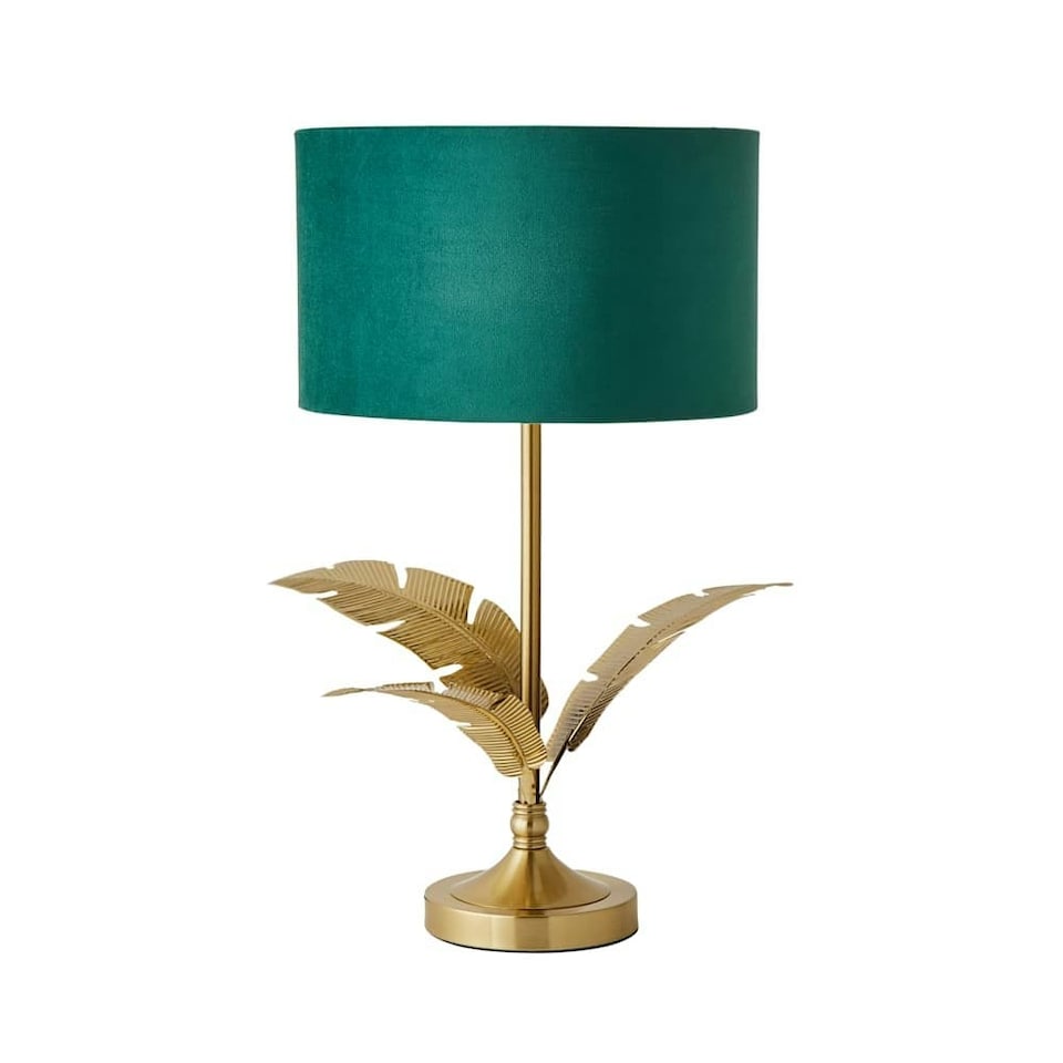 image 1 of ValueLights Christina Green Velvet with Gold Inner Drum Shade Gold Palm Leaf Table Lamp | Gold