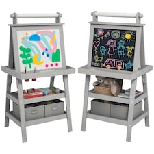 AIYAPLAY Art Easel for Kids with Paper Roll, 3 in 1 Kids Easel Double-Sided Magnetic Whiteboard and Chalkboard with Storage Baskets, for Children 3-6 Years | Grey | Grey