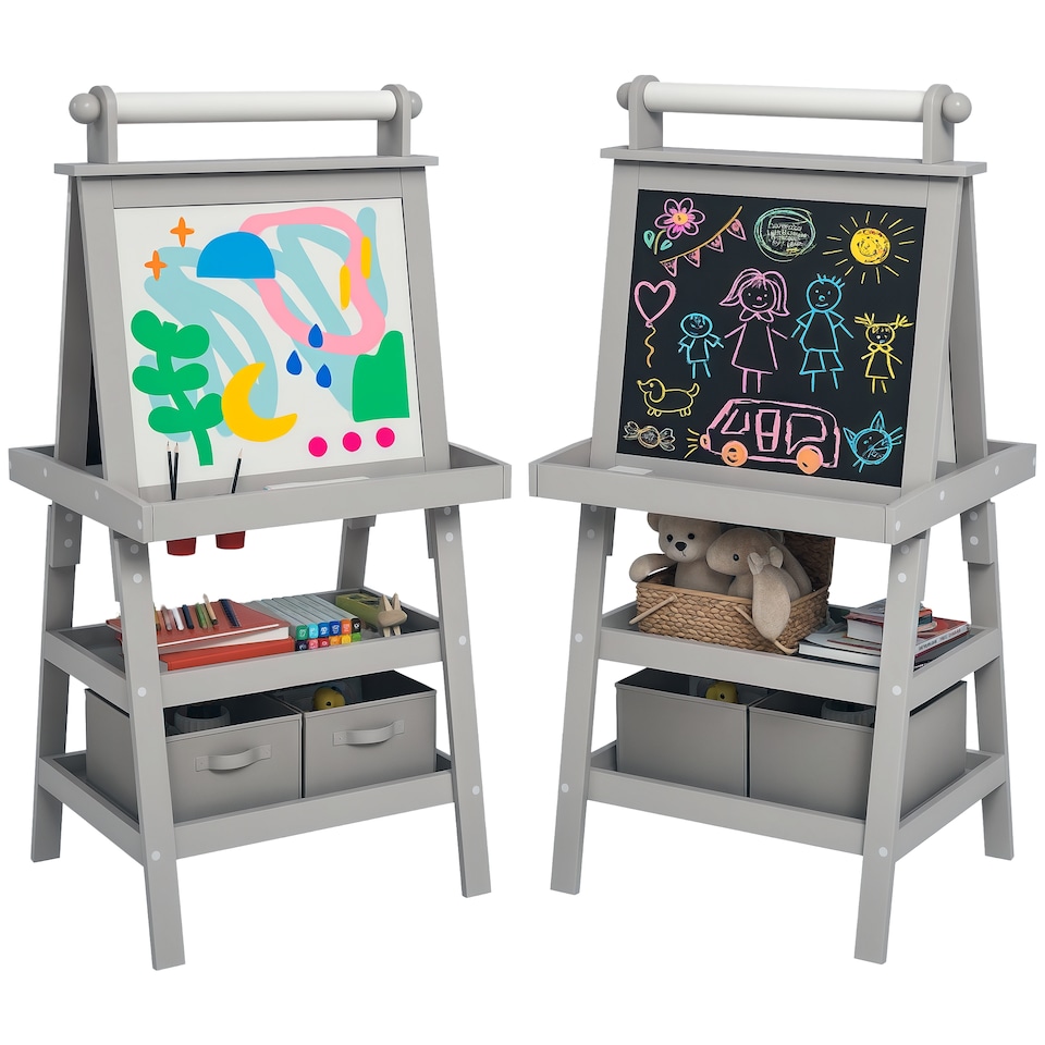 image 1 of AIYAPLAY Art Easel for Kids with Paper Roll, 3 in 1 Kids Easel Double-Sided Magnetic Whiteboard and Chalkboard with Storage Baskets, for Children 3-6 Years | Grey | Grey