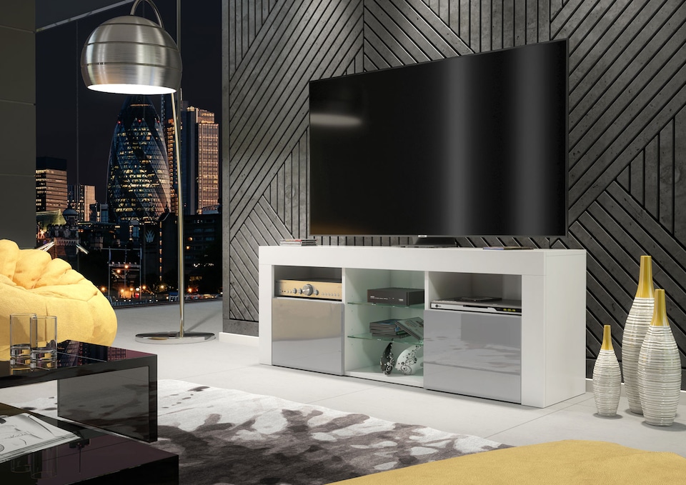 image 1 of TV Unit TV Stand White Grey Gloss Media Console Sideboard Storage Cabinet 145cm