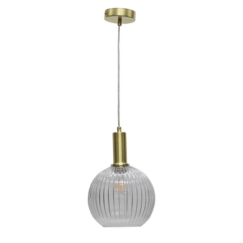 First Choice Lighting Betchley - Clear Ribbed Glass Globe Satin Brass Deco Pendant Fitting