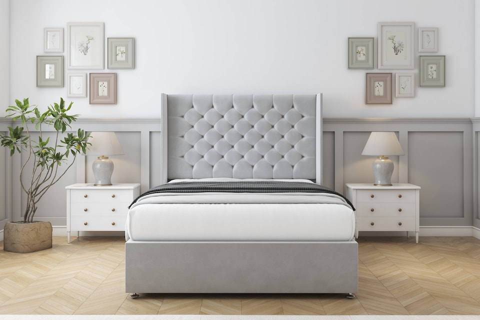image 1 of Sloomy Dior Silver Plush Divan Bed With Mattress No Drawers With 54" Wingback Headboard 5' King | Silver | Silver | King | 1