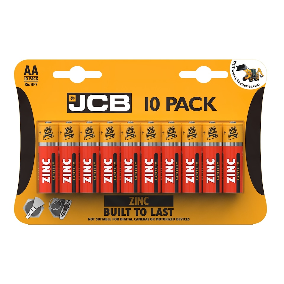 JCB AA Zinc Carbon Batteries - Pack of 10 | Multi | AA | 10