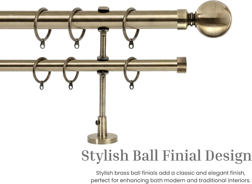 image 1 of Lister Cartwright Double Curtain Extendable Pole Set with Antique Brass Ball Finials- 19mm & 28mm Metal Poles(120- 320 cm)