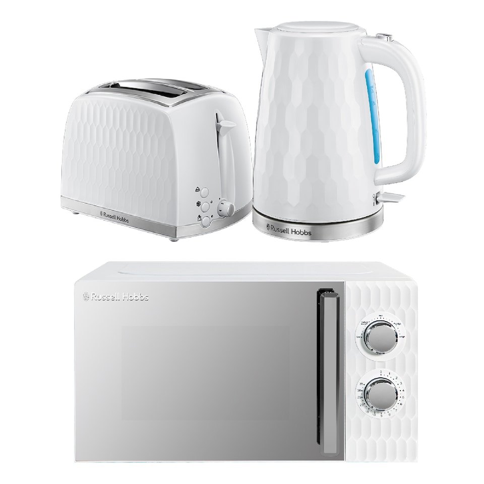 image 1 of Russell Hobbs Honeycomb Bundle Set with Kettle, 2 Slice Toaster, and Microwave White HCBNDL2W