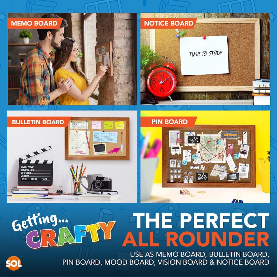 image 1 of Double Sided A4 Cork Board with Pins, Screws & Hangers – Lightweight Portable Notice Board for Photos, Memos, Art Projects & Notes