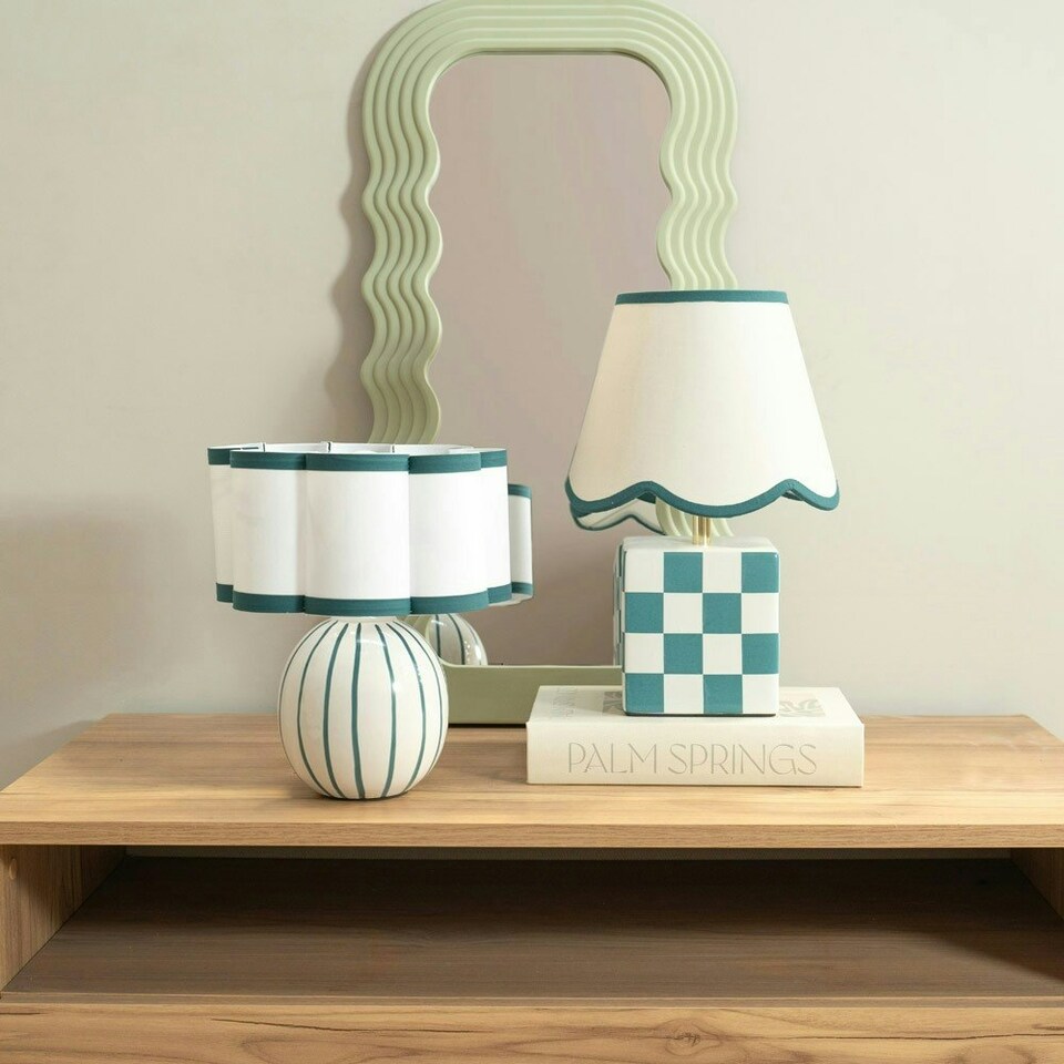 image 1 of ValueLights Rohan Teal Stripe Ceramic Sphere Table Lamp with Teal Trim Shade