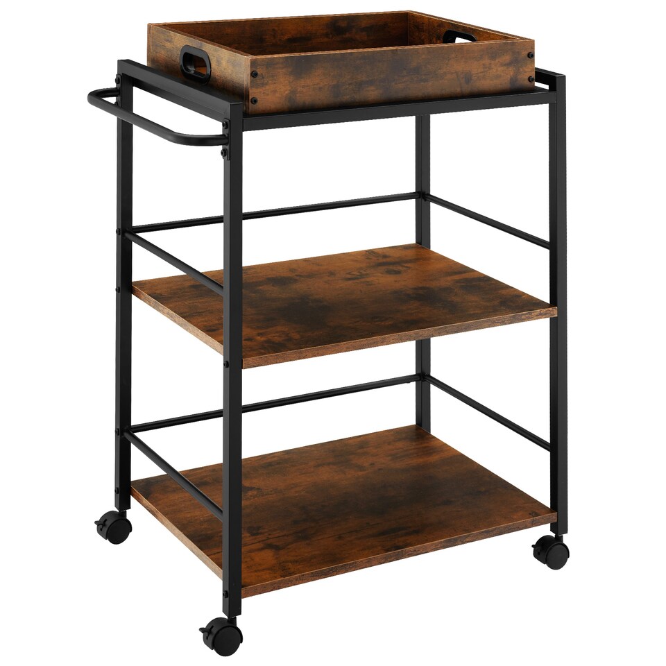 image 1 of Drinks Trolley Worcester - 3 shelves and removable tray, 4 swivel castors with parking brake | Brown | Industrial wood dark, rustic | 65 x 41,50 x 87 cm | 1