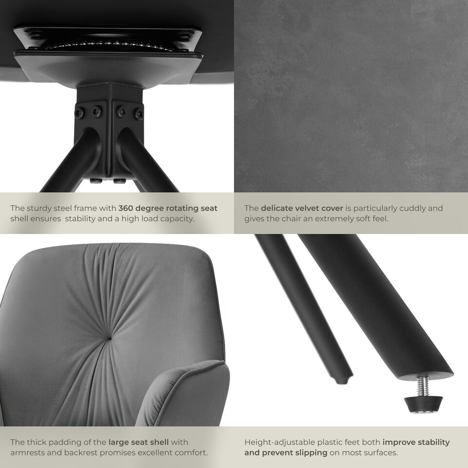image 1 of Swivel Chair Lenia - upholstered, padded, 56.5 x 54 x 86 cm - Set of 2 Grey | Velvet Look Anthracite/Black