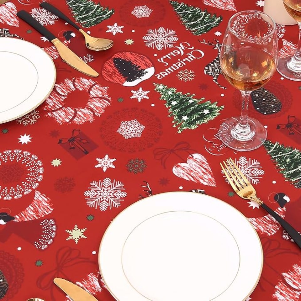 image 1 of London Boutique Red Christmas Tablecloth, Waterproof Polyester Table Cover with Reindeer Wreath Xmas Tree Print