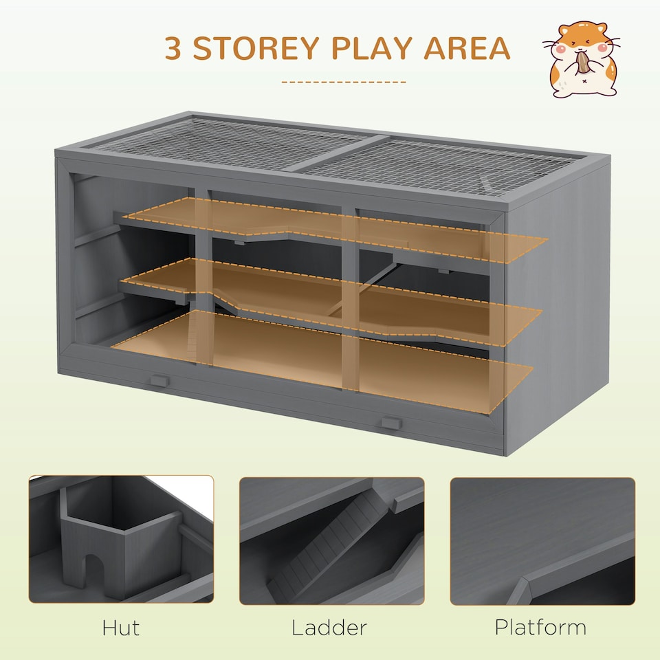 image 1 of PawHut Wooden Hamster Cage, Exercise Play House Pen with Tray, Openable Top