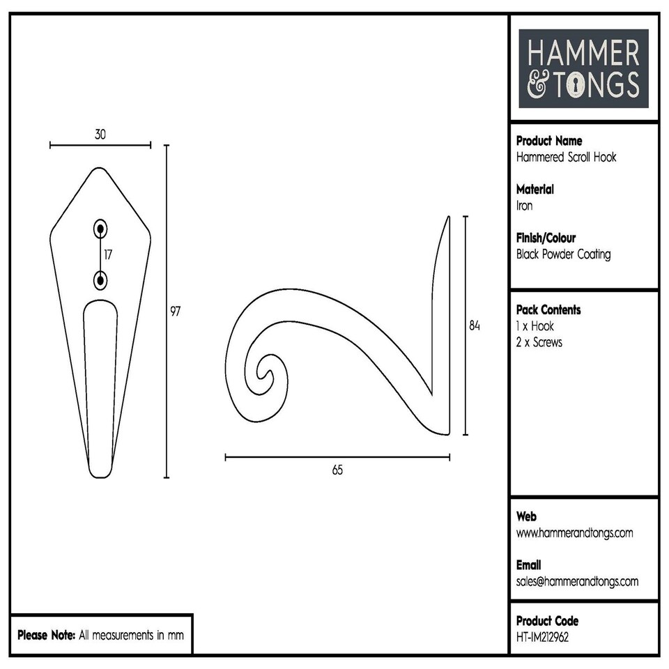 image 1 of Hammer & Tongs Hammered Scroll Hook - W30mm x H95mm - Black