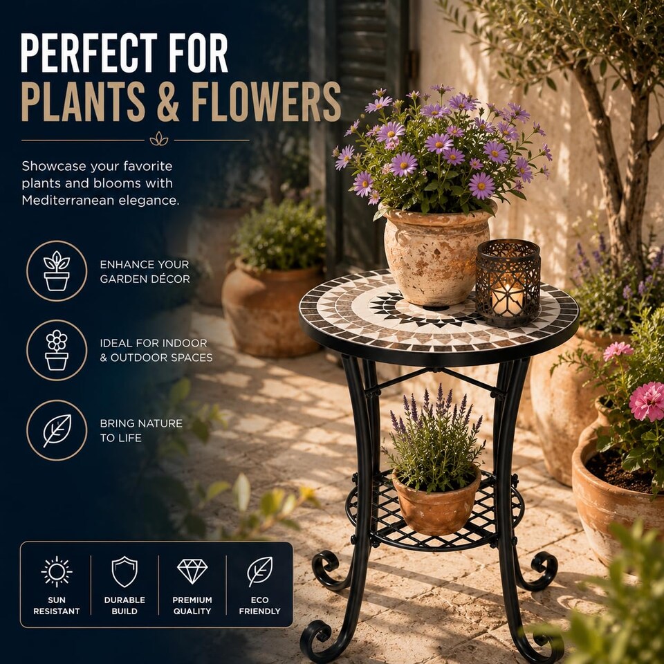image 1 of Medina Mosaic Plant Stand Side Table with Ceramic Tile Top for Indoor and Outdoor Use