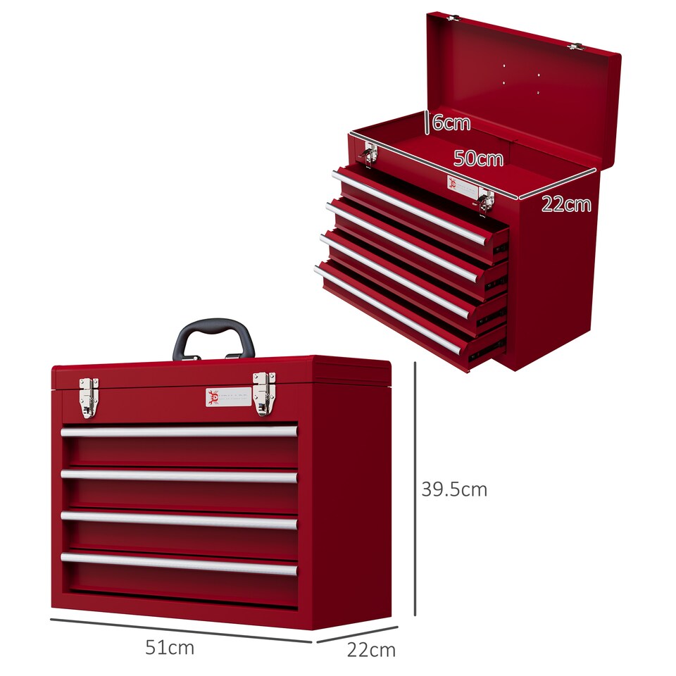 image 1 of DURHAND 4 Drawer Tool Chest, Lockable Metal Tool Bowith Ball Bearing Runners, Portable Toolbox, 510mm 220mm 395mm, Red | Red