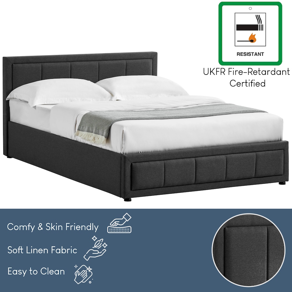 image 1 of Vida Designs Vanita 4ft6 Double Ottoman Bed Storage Fabric Upholstered, Dark Grey, 135 x 190cm