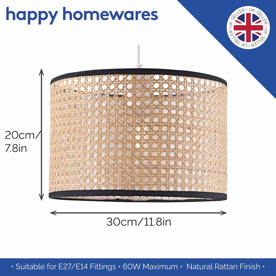 image 1 of Natural Wicker Rattan Drum Shaped Pendant Lamp Shade with Black Cotton Trims | Brown