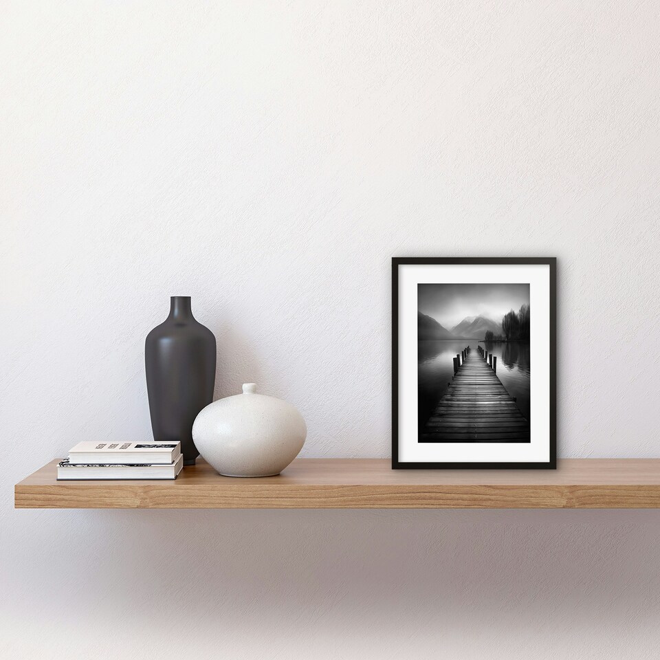 image 1 of Lake Pier Jetty Moody Landscape B&W Photo 9x7" Black Framed Wall Art Print