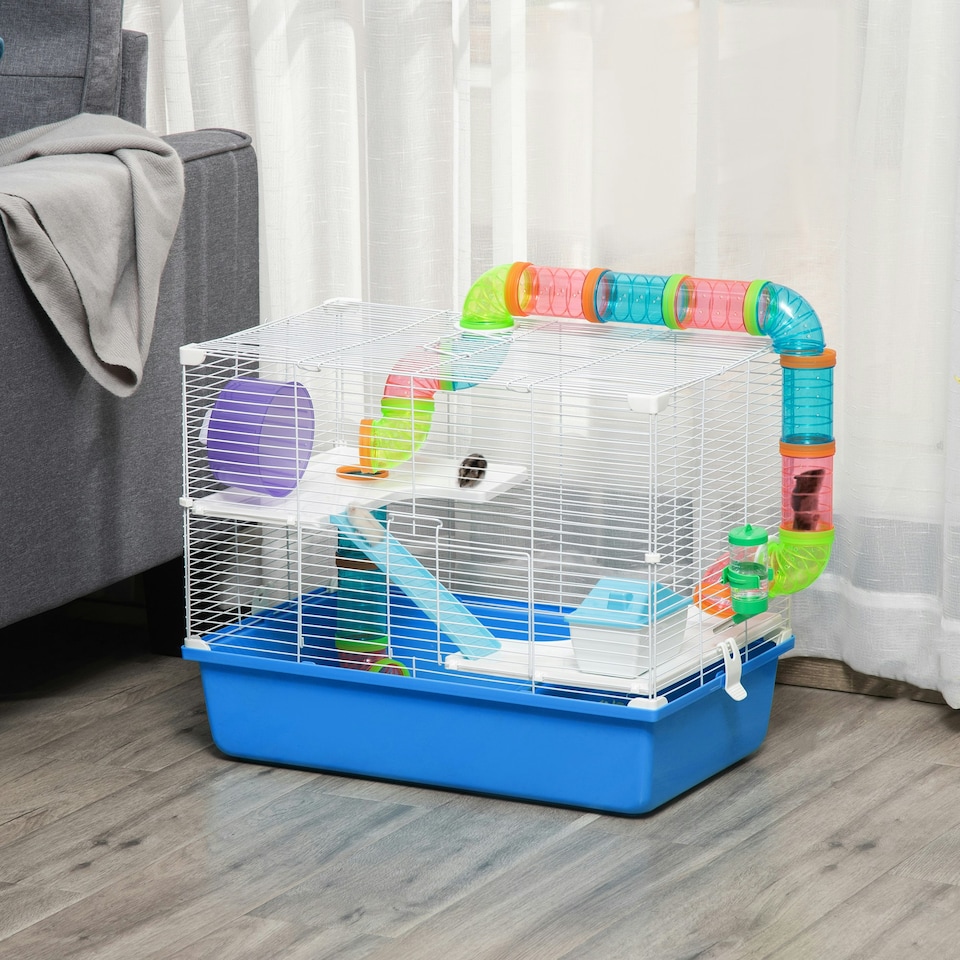 image 1 of PawHut Hamster Cage w/ Tubes Exercise Wheel, Water Bottle, Food Dish - Blue