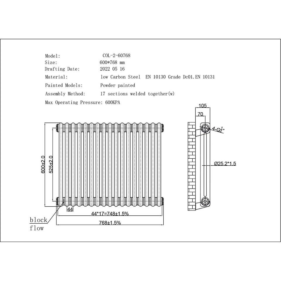 image 1 of Alpha Double Column Heated Bathroom Radiator - Raw Metal - (H) 600mm x (W) 768mm