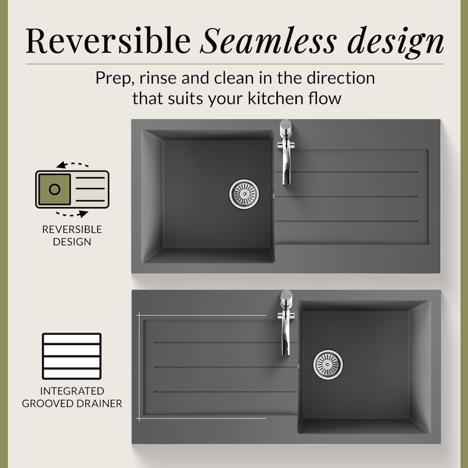 image 1 of Balterley 100cm Kitchen Single Bowl Composite Inset Sink with Overflow & Reversible Drainer