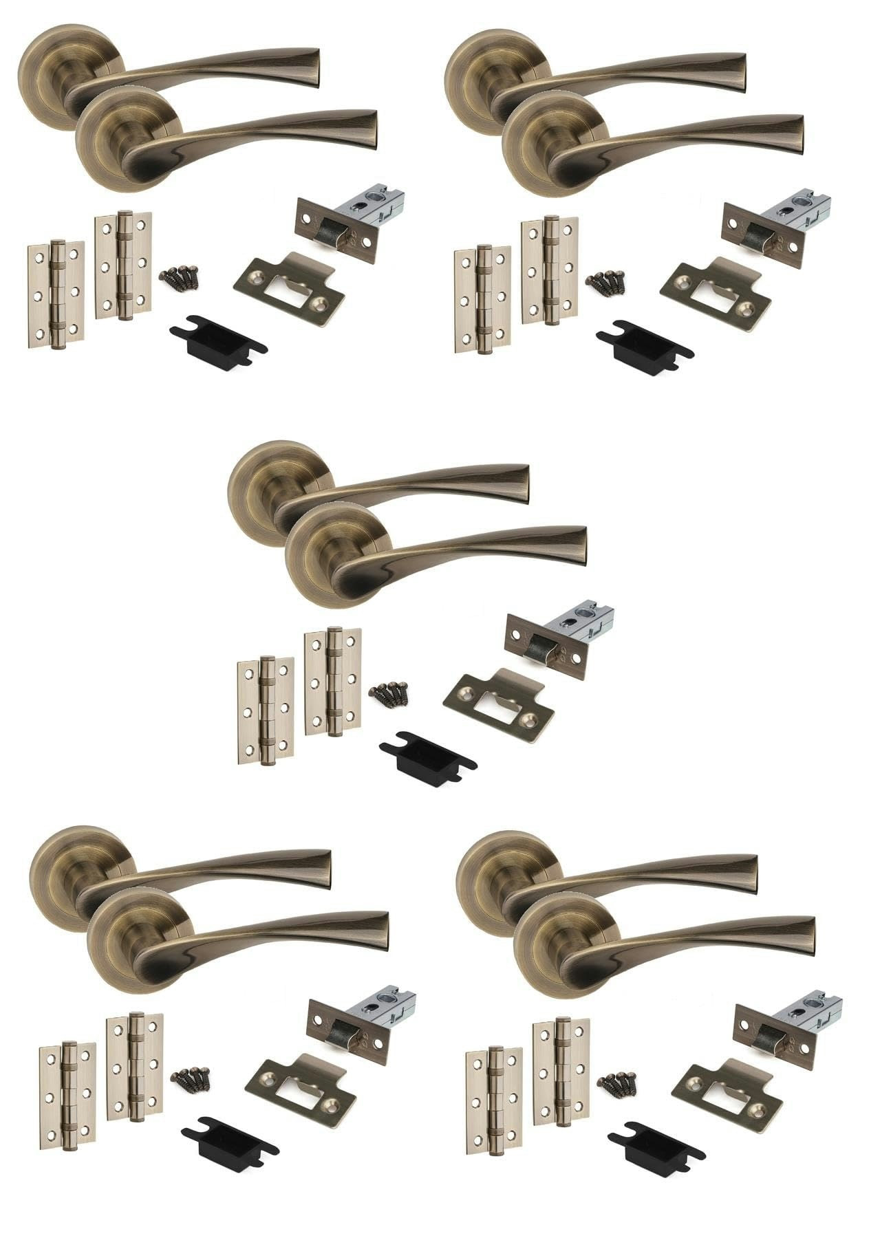 Golden Grace 5 Sets Astrid Design Door Handles in Antique Brass Finish with Tubular Latch and 1 Pair of 3" Ball Bearing Hinges Gold 5 Set