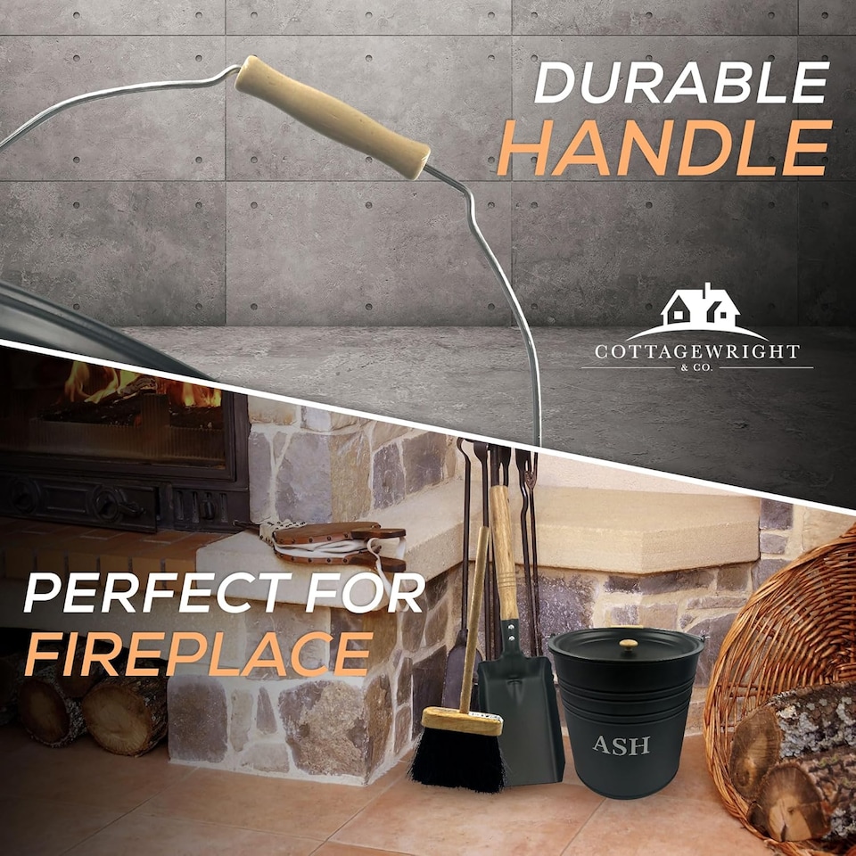 image 1 of Metal Ash Bucket with Lid and Fireside Companion Set Coal Shovel and Brush Kit