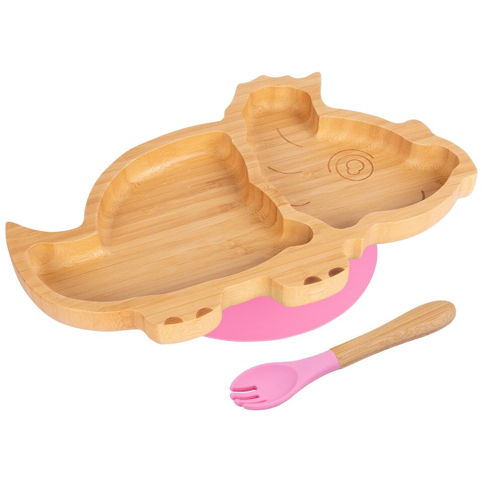 image 1 of Tiny Dining Bamboo Dinosaur Baby Weaning Plate & Fork Set - Pink