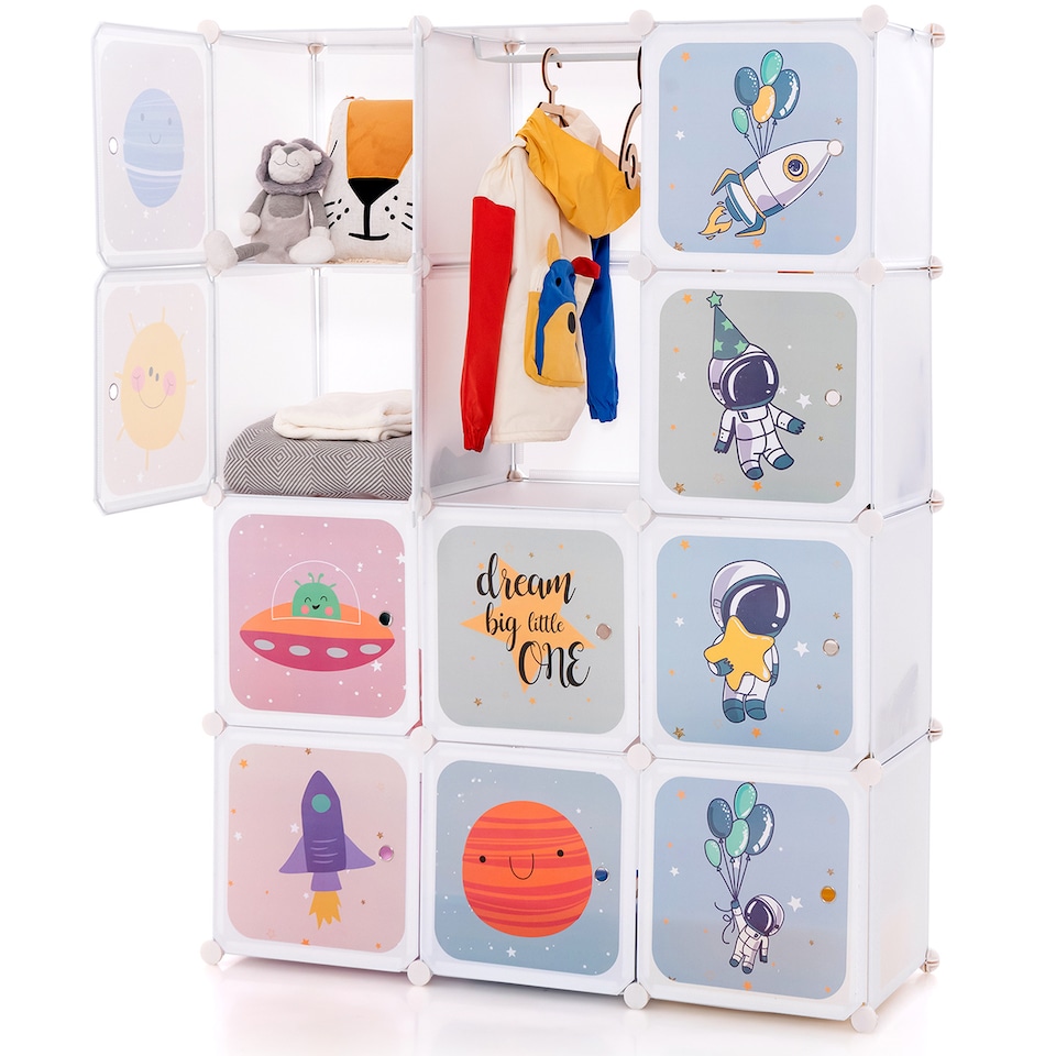 image 1 of COSTWAY Portable Children Wardrobe 12 Cubes Kid Closet White | White