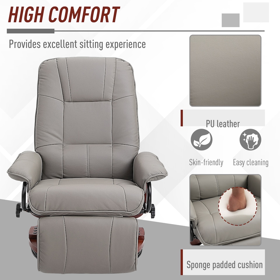 image 1 of HOMCOM 360 Swivel Recliner Chair with Footstool, Manual Recliner Armchair with Wooden Base, PU Leather Upholstered Reclining Chair for Living Room, Bedroom, Office, Grey