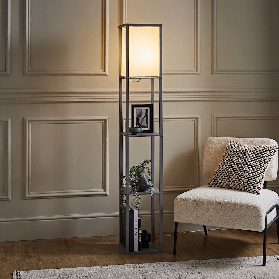 image 1 of ValueLights Struttura Grey Shelving Floor Lamp Fabric Shade & Bulb