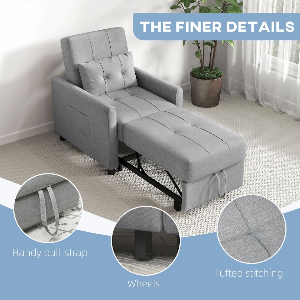 image 1 of HOMCOM Compact Single Chair Bed, Pull Out Bed, Convertible Sleeper Chair with Adjustable Backrest, Pillow, Side Pockets for Home Office, Bedroom, Living Room, Light Grey