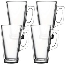 Vela Glass Coffee Mugs With Handle Drinking Glass Tea Juice Tall 385ml | Clear | Clear | Set of 4