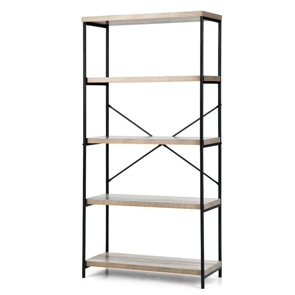 image 1 of COSTWAY 5-Tier Bookshelf Wood Bookcase Display Rack Grey Grey