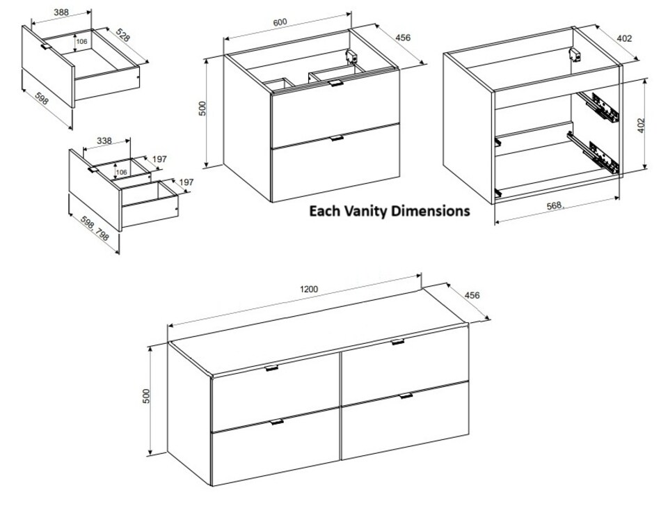 image 1 of Double Vanity Unit 1200mm Bathroom Wall Cabinet Countertop Floating 4 Drawer Cashmere Beige Storage with Worktop Dalia