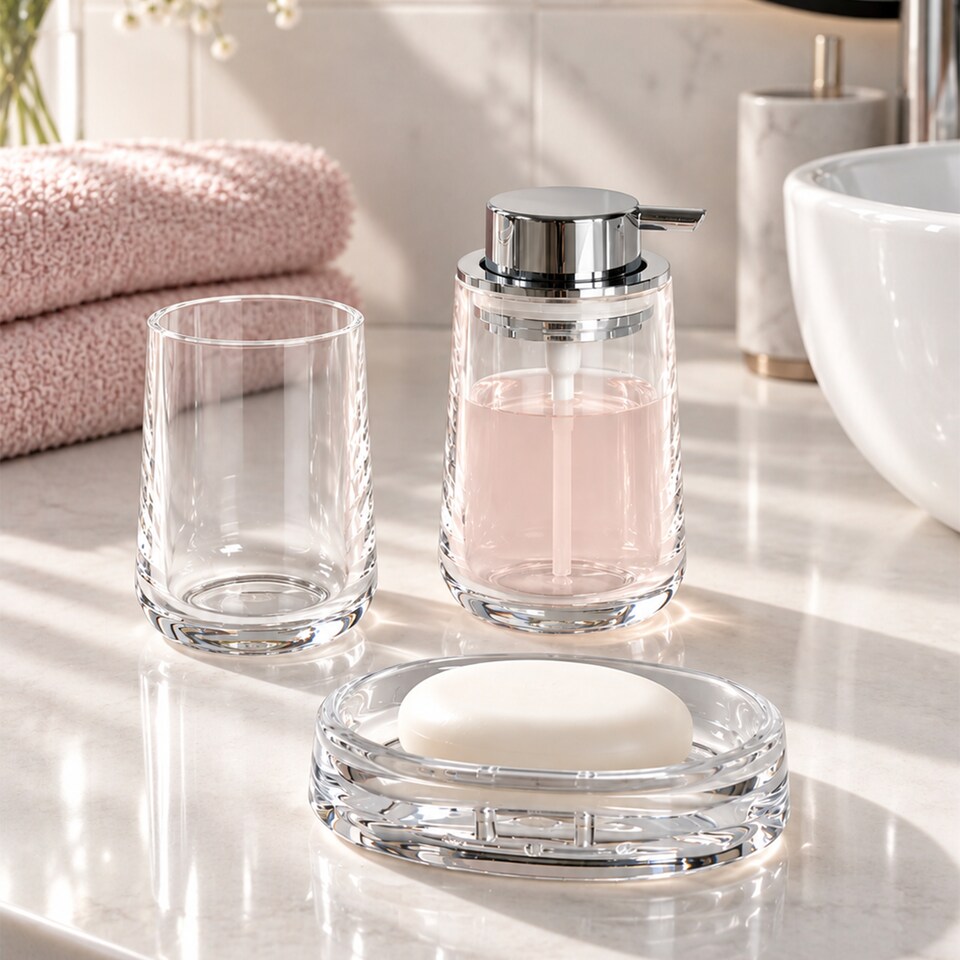 image 1 of Showerdrape Clarion Clear Acrylic 3 Piece Bathroom Accessory Set