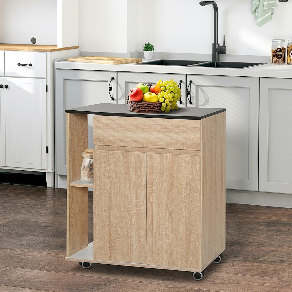image 1 of HOMCOM Kitchen Storage Trolley Cart Cupboard Rolling Island Shelves Locking