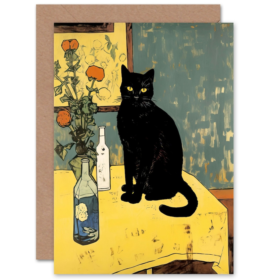 image 1 of For Black Cat Lovers on Yellow for Him or Her Art Card