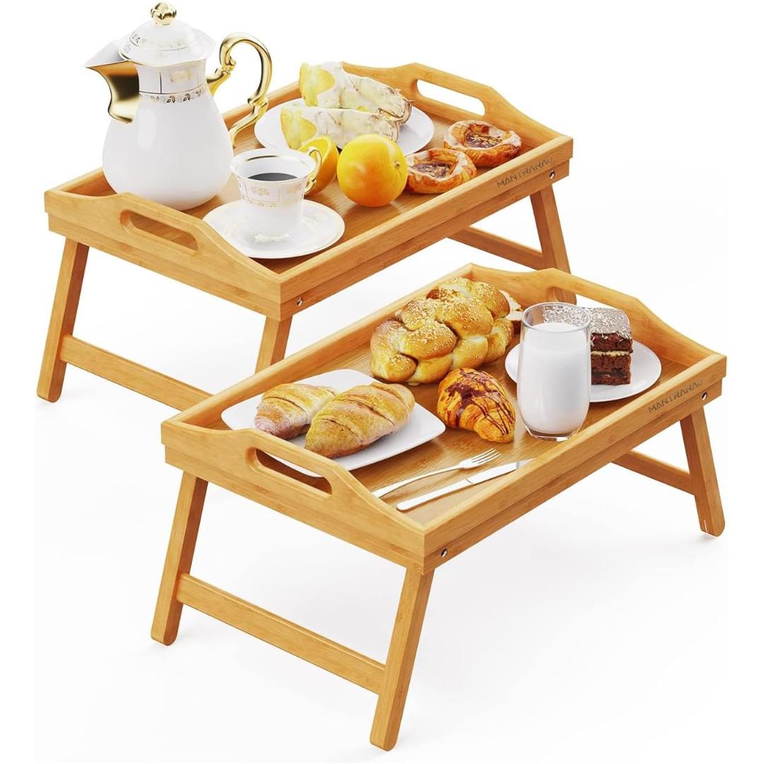 Mantraraj Bamboo Bed Tray Table Pack Of 2 With Foldable Legs Breakfast Tray Laptop Stand for Sofa, Bed (Natural)