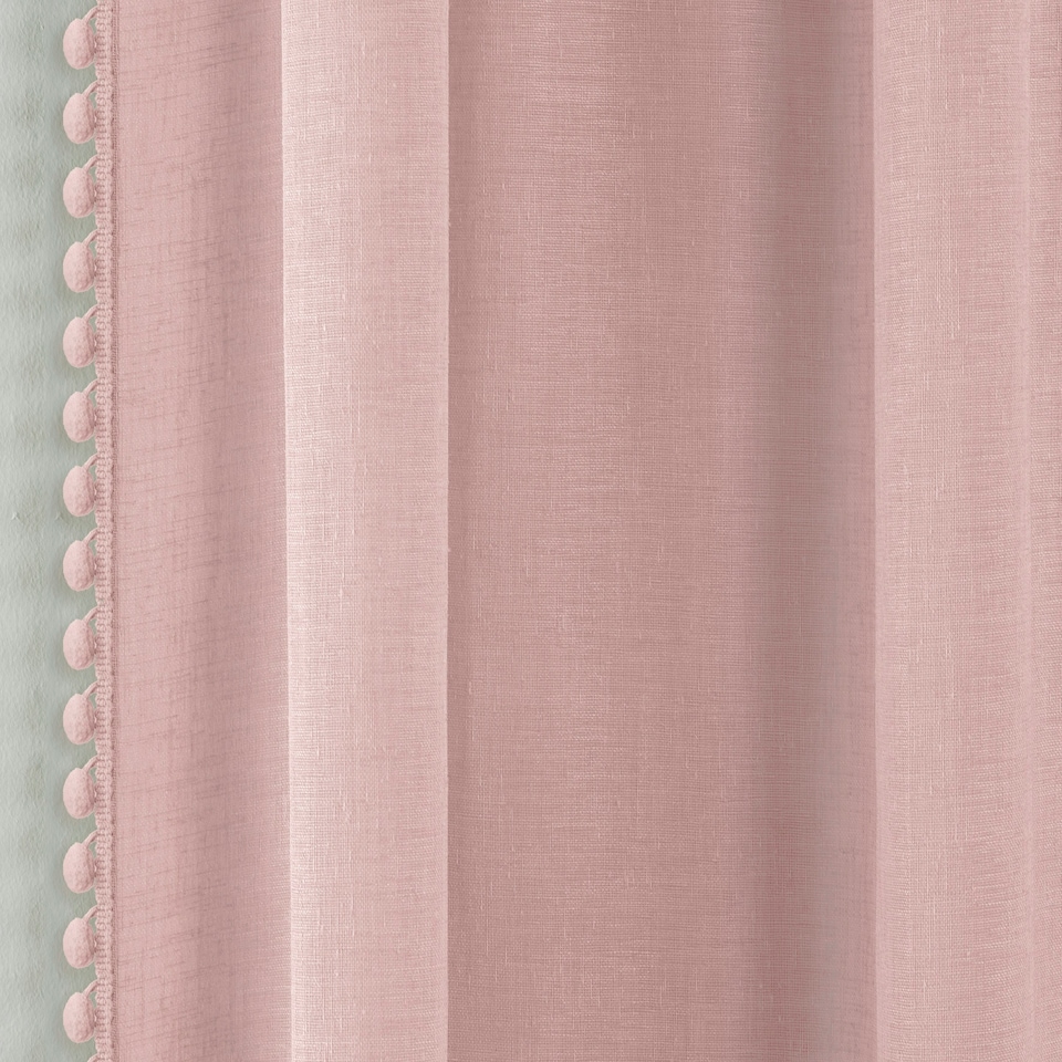 image 1 of Pair of Tahiti Blush Pom Pom Trim Voile Panels 137 cm (54 inch) Rod Pocket Linen Look Panels for Bedroom and Living Room