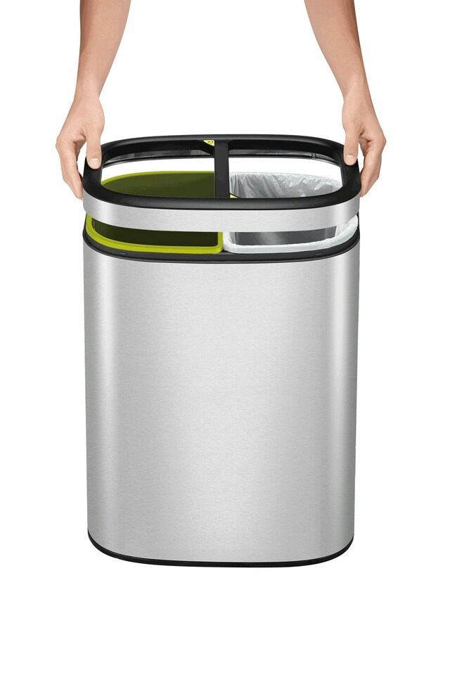 image 1 of EKO Oli-Cube 10L Open Top Recycling Bin 5+5 Litre, Modern Home Bathroom & Office Waste Bin, Stainless Steel