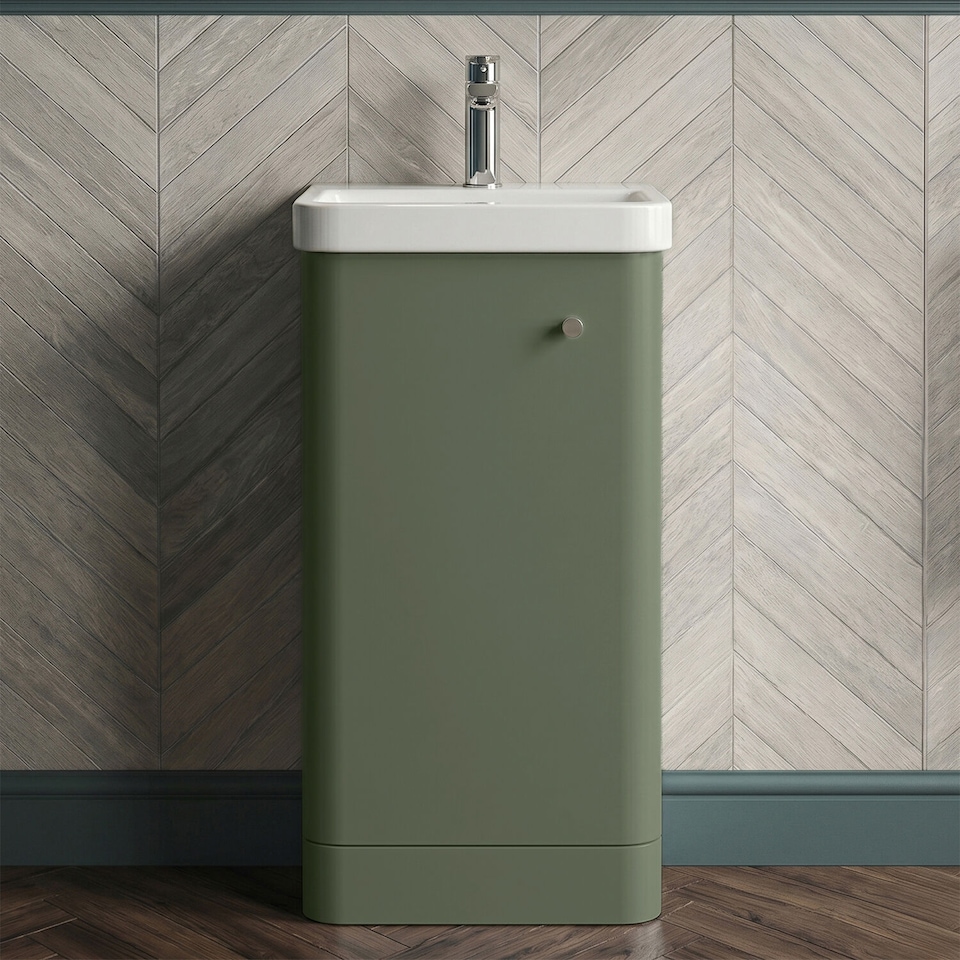 image 1 of Balterley Curve Modern Bathroom Floor Standing 1 Door Vanity Unit Basin | Green | Satin Green