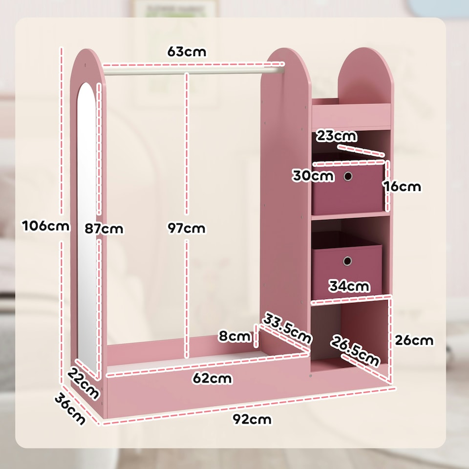 image 1 of AIYAPLAY Kids Clothes Rail with Storage Shelf, Boxes, Mirror, White
