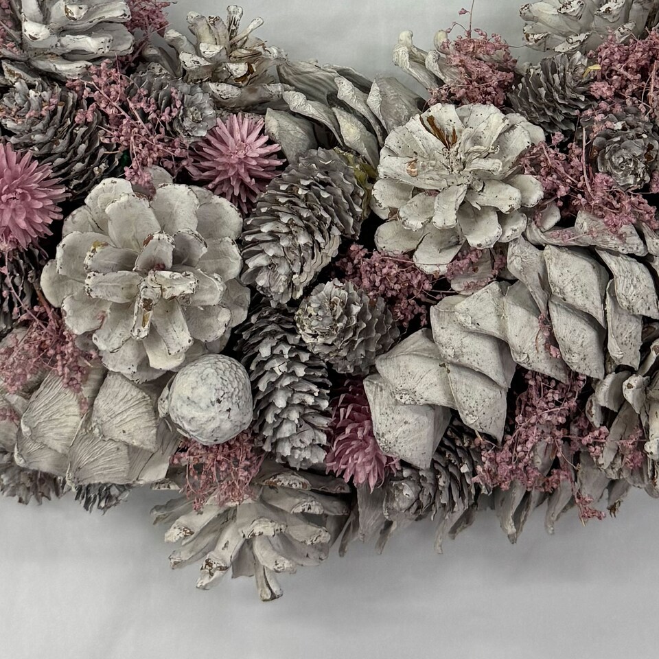 image 1 of Neo Luxury Extra Large Frosted Pinecone Winter Wreath 50cm Home Artificial Christmas Festive Front Door Decoration | Grey | Pink Grey