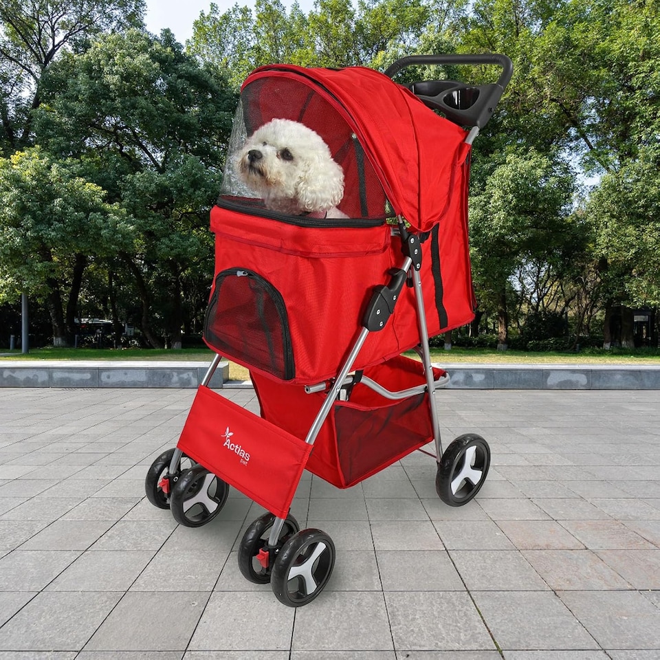 image 1 of Pet Stroller Dog Cat Puppy Pram Pushchair Travel Cart Jogging Buggy Carrier (Red)