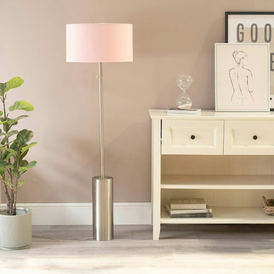 image 1 of ValueLights Lexy Blush Pink Fabric Drum Shade with Brushed Chrome Dimmable Floor Lamp with LED Bulb Pink