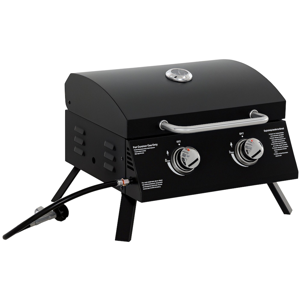 image 1 of Outsunny 2 Burner Gas BBQ Grill, 5.8 kW Outdoor Portable Folding Tabletop Barbecue w/Lid, Thermometer, Carbon Steel, Black