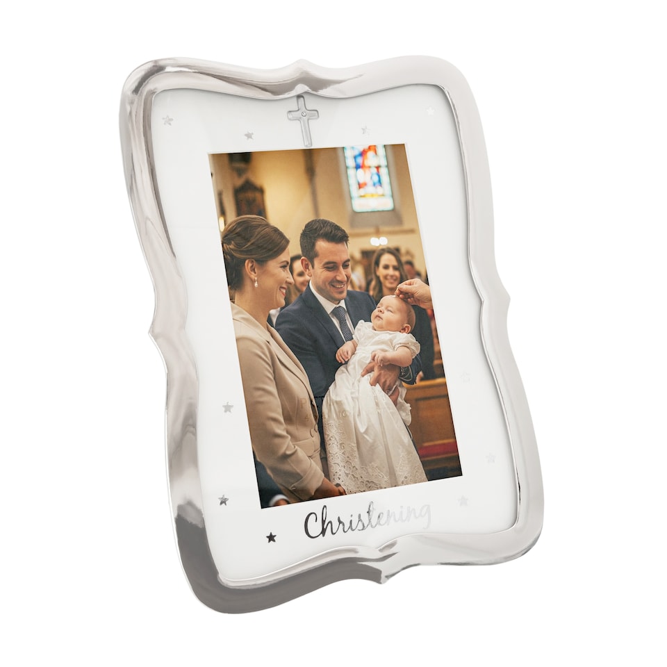 image 1 of Christening Picture Frame Nickel Plated with Diamante Cross and Stars