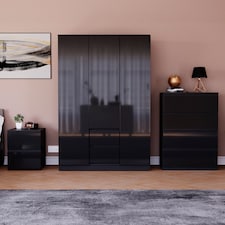 Vida Designs Glinton 3 Piece FSC Certified Bedroom Set (2 Drawer Bedside Chest, 4 Drawer Chest, 3 Door 2 Drawer Wardrobe), Black | Black | Black | L | 3